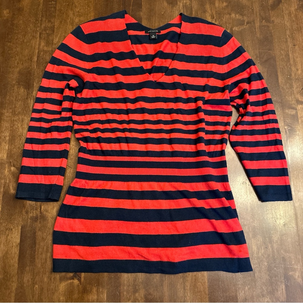 Ann Taylor V Neck Sweater Knit Top Navy Red Stripes Size M Office Casual Work